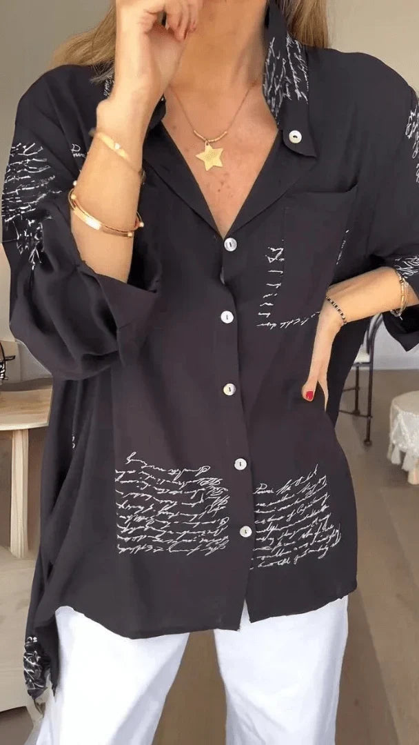 Script Print Shirt - Button Front Long Sleeve Women's Shirt