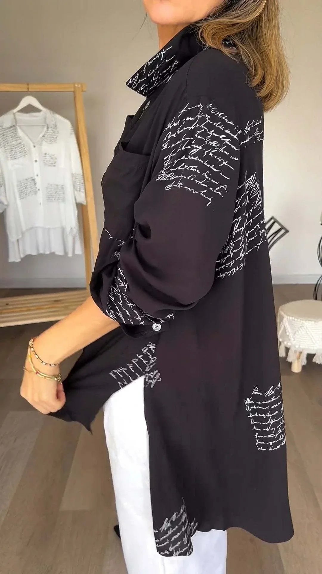 Script Print Shirt - Button Front Long Sleeve Women's Shirt