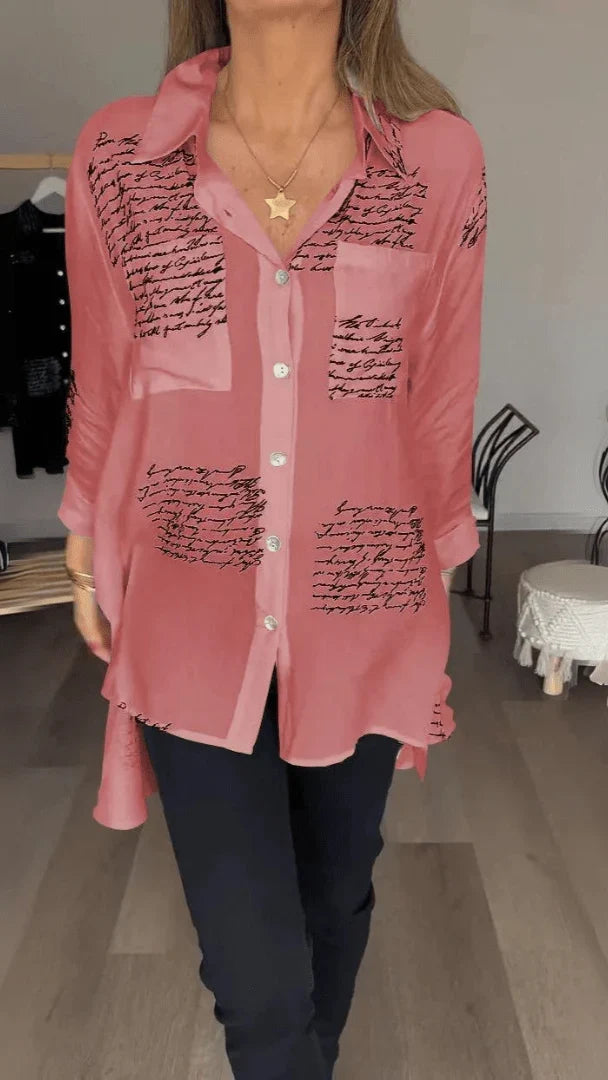 Script Print Shirt - Button Front Long Sleeve Women's Shirt