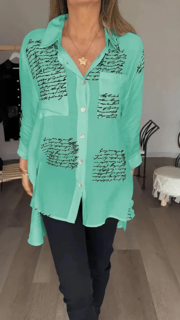 Script Print Shirt - Button Front Long Sleeve Women's Shirt