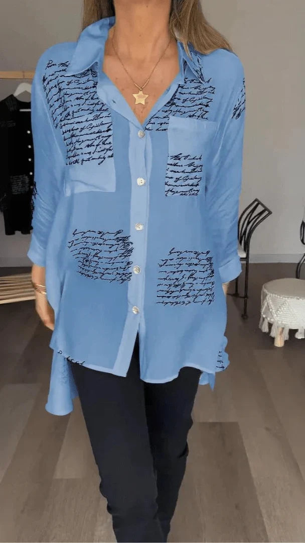 Script Print Shirt - Button Front Long Sleeve Women's Shirt