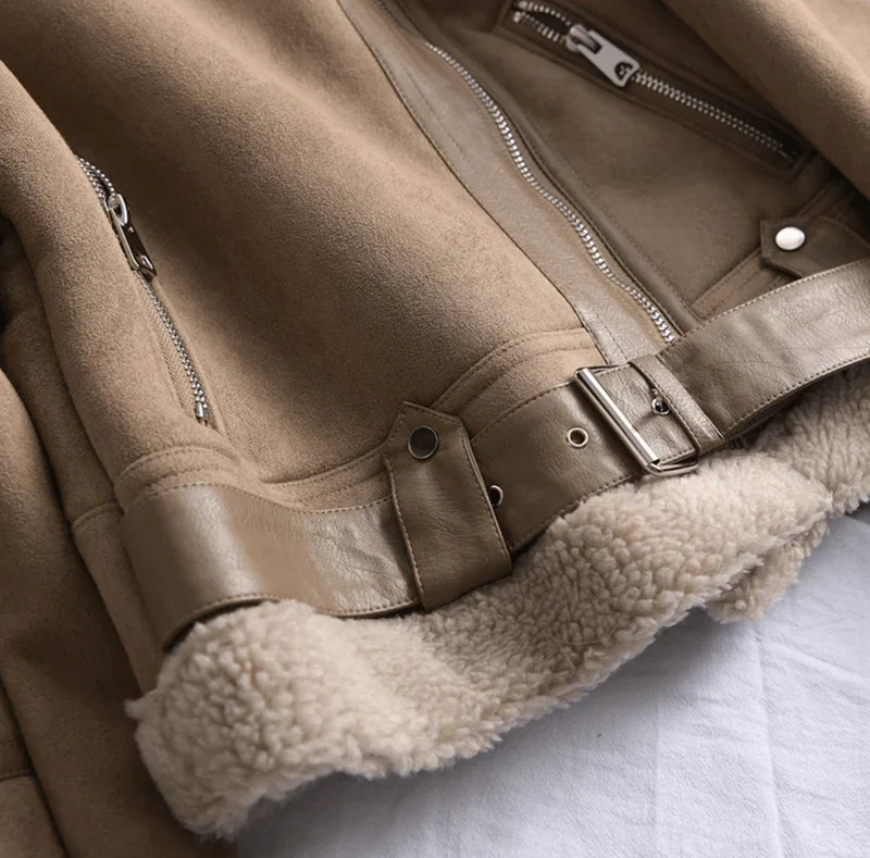 Women's Suede Jacket | Lined Aviator Belted Moto