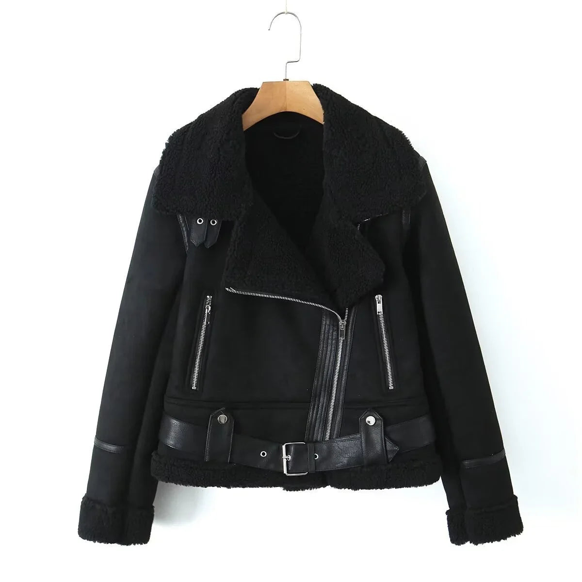 Women's Suede Jacket | Lined Aviator Belted Moto