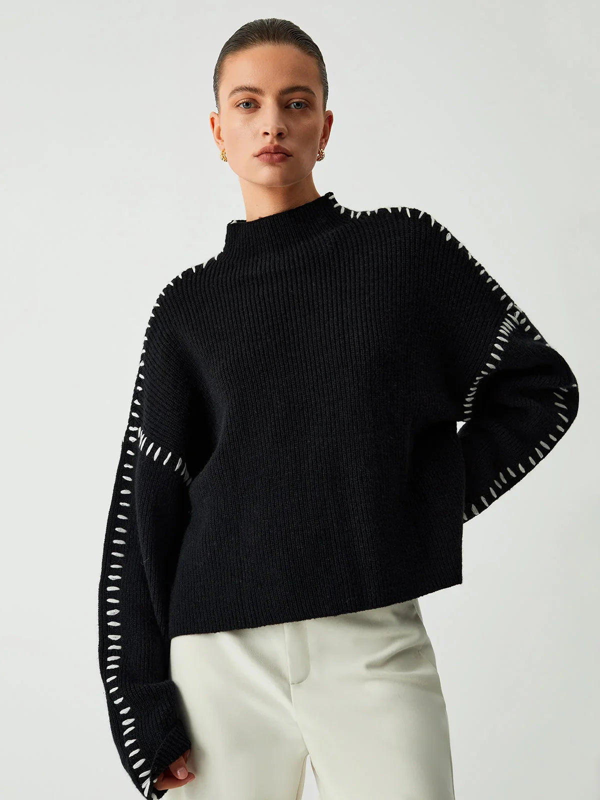 Mock Neck Sweater - Contrast Stitch Women's Black Knit