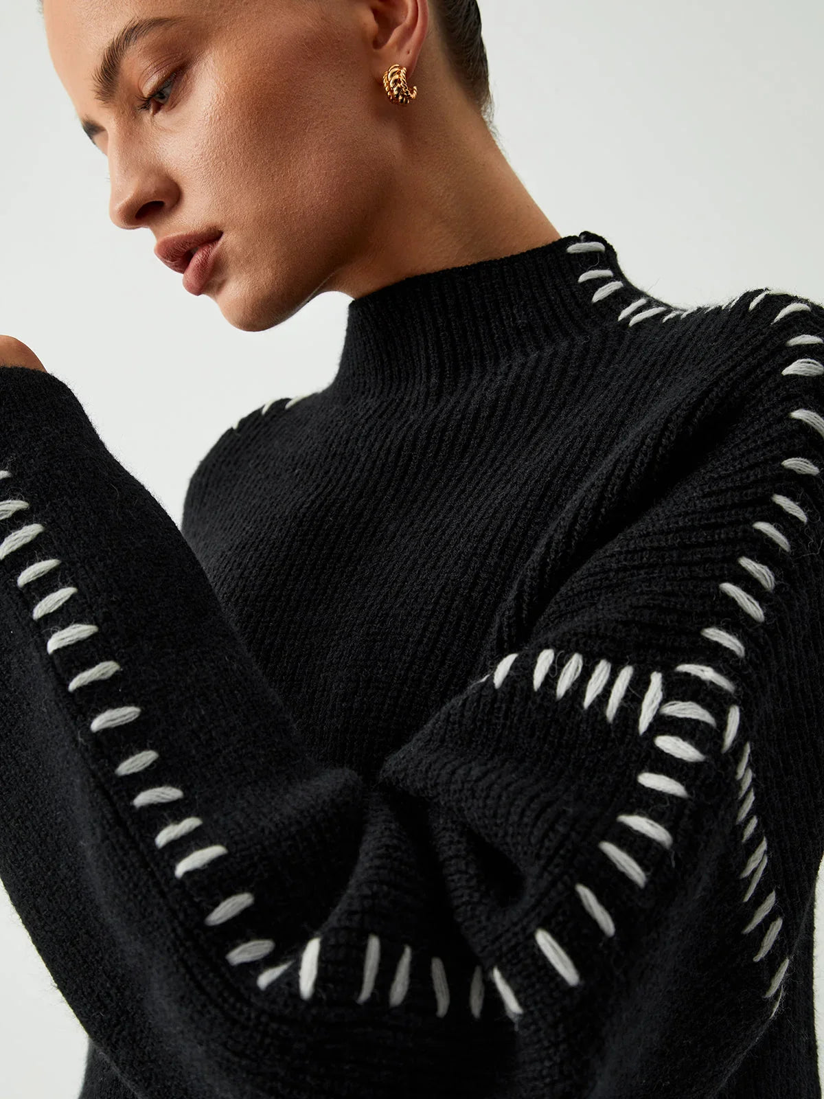 Mock Neck Sweater - Contrast Stitch Women's Black Knit
