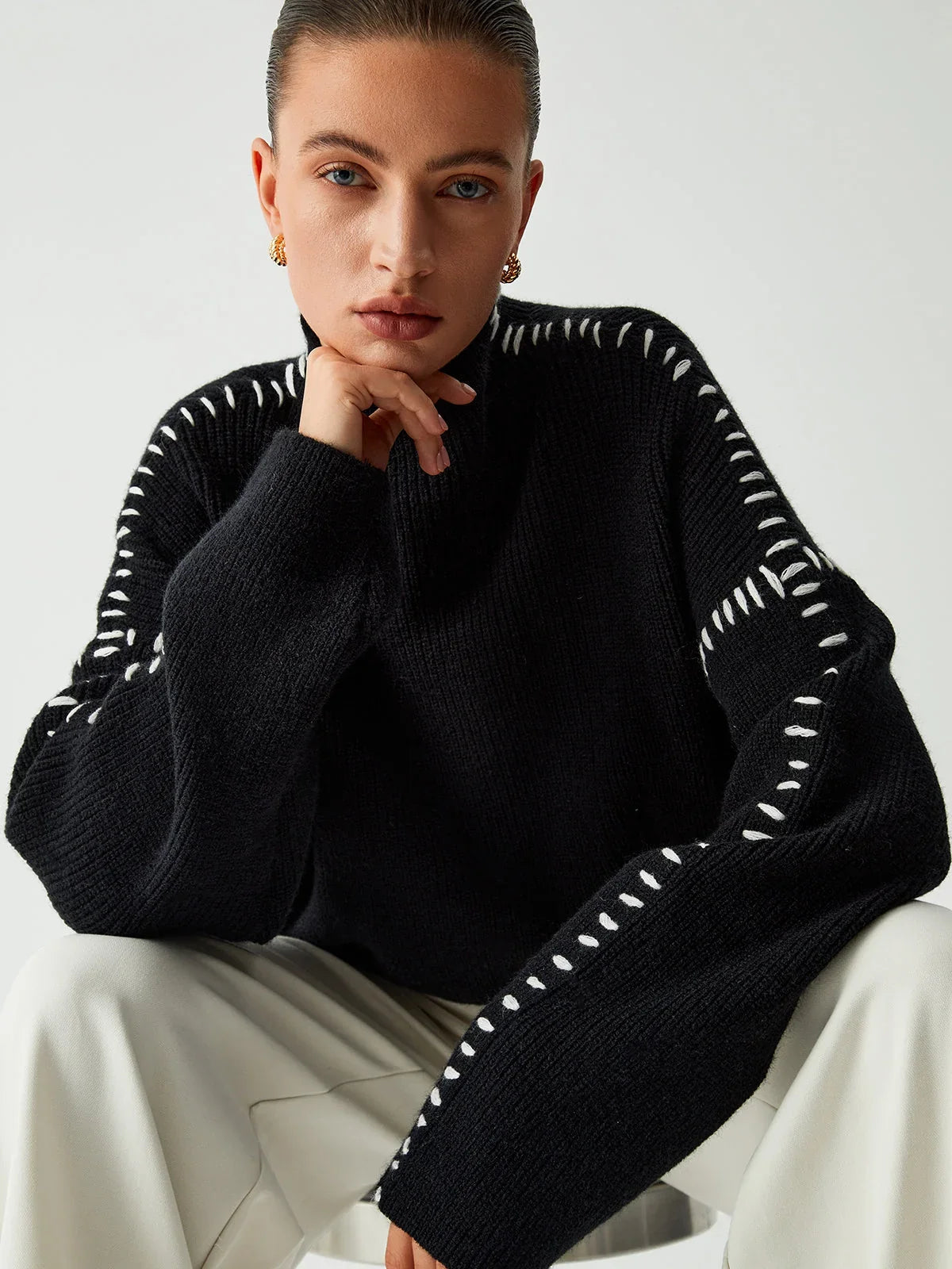 Mock Neck Sweater - Contrast Stitch Women's Black Knit