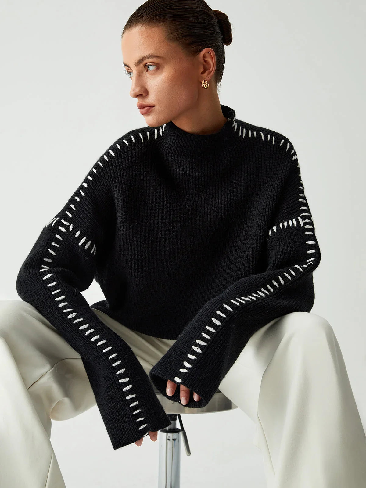 Mock Neck Sweater - Contrast Stitch Women's Black Knit