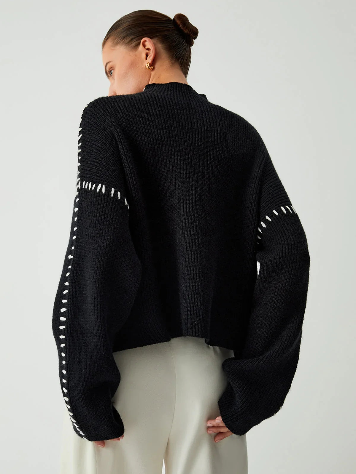 Mock Neck Sweater - Contrast Stitch Women's Black Knit