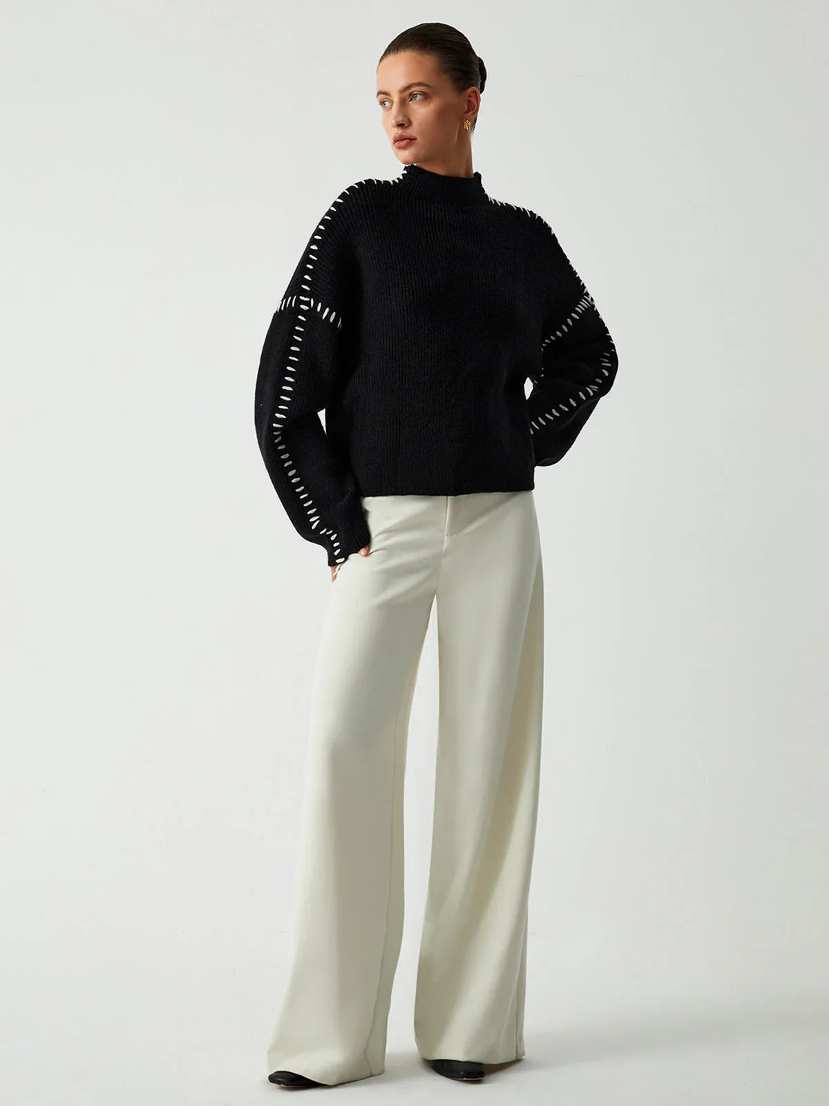 Mock Neck Sweater - Contrast Stitch Women's Black Knit