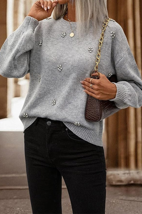 Women's Sweater | Crewneck Drop Shoulder Rhinestone Gray