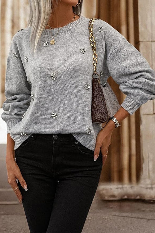 Women's Sweater | Crewneck Drop Shoulder Rhinestone Gray