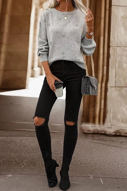 Women's Sweater | Crewneck Drop Shoulder Rhinestone Gray