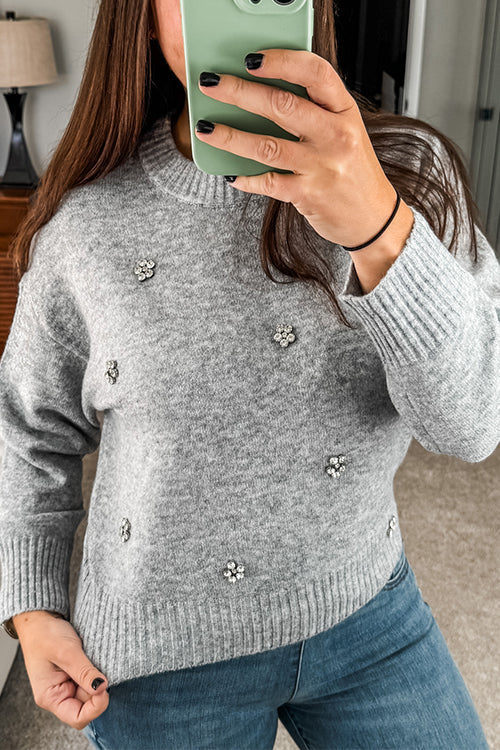 Women's Sweater | Crewneck Drop Shoulder Rhinestone Gray