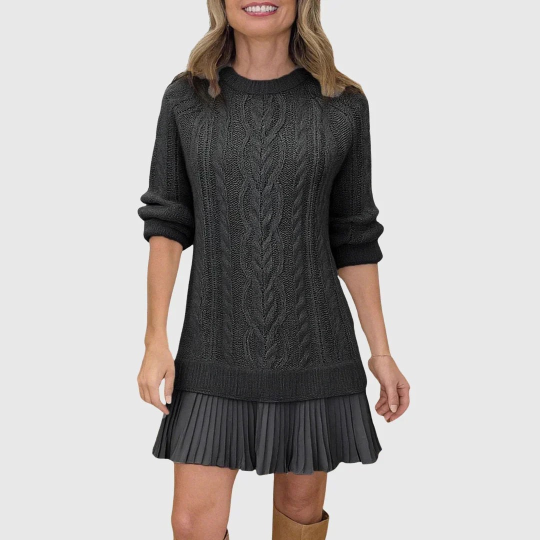 Women's Cable Knit Sweater Dress Crew Neck Pleated Hem Long Sleeve Mini