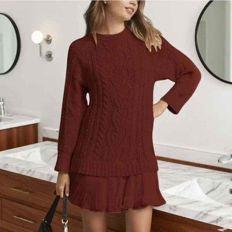 Women's Cable Knit Sweater Dress Crew Neck Pleated Hem Long Sleeve Mini