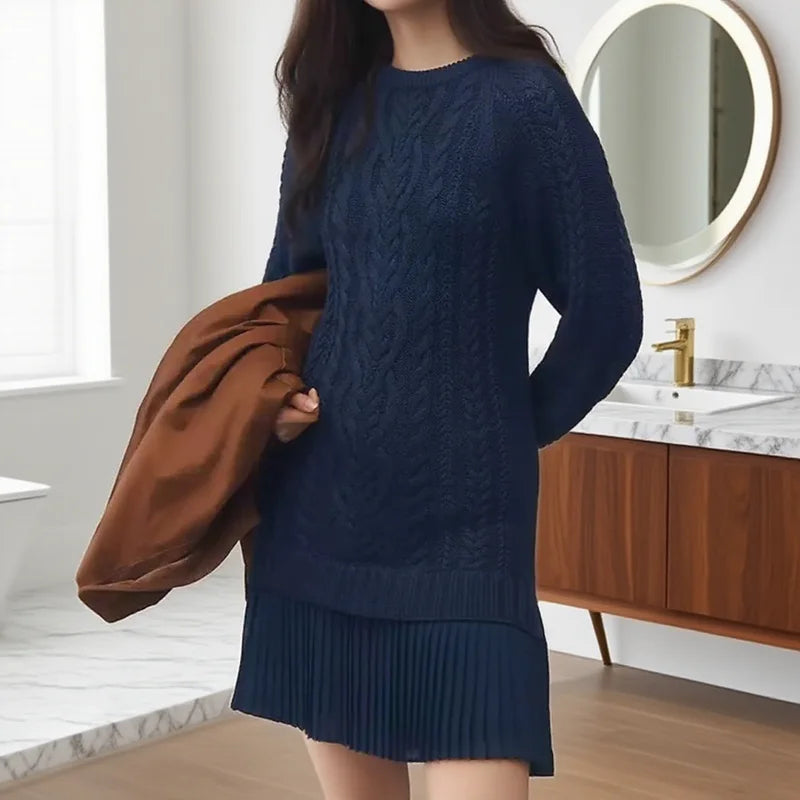Women's Cable Knit Sweater Dress Crew Neck Pleated Hem Long Sleeve Mini