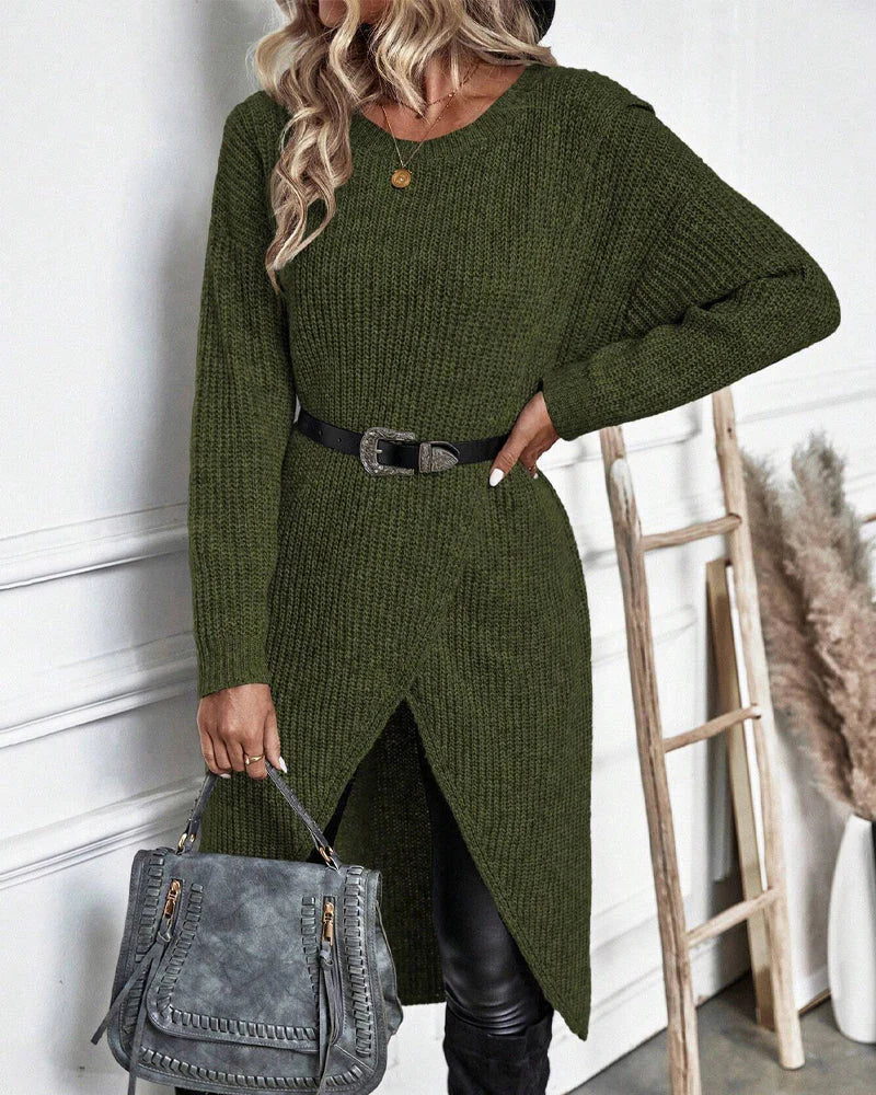 Cozy Sweater Dress for Women with Crew Neck Long Sleeve Ribbed Knit Wrap Hem Style