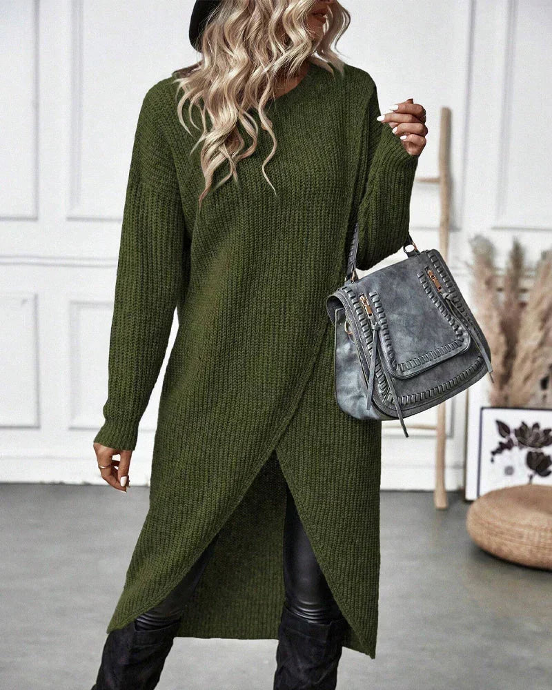 Cozy Sweater Dress for Women with Crew Neck Long Sleeve Ribbed Knit Wrap Hem Style