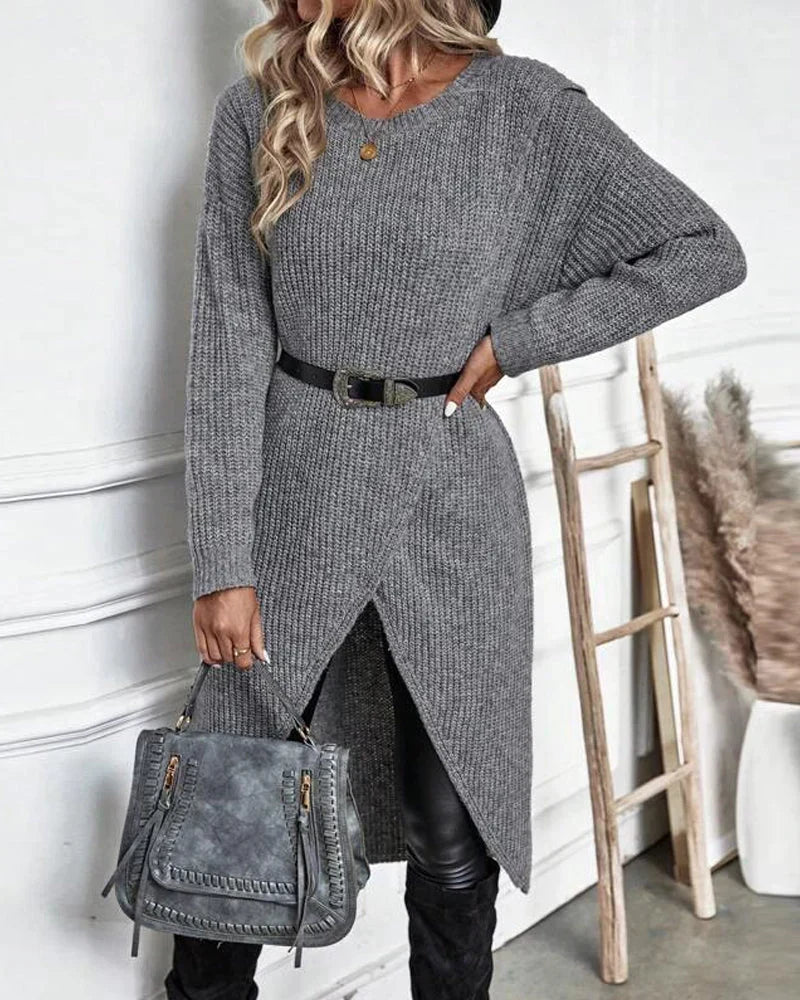 Cozy Sweater Dress for Women with Crew Neck Long Sleeve Ribbed Knit Wrap Hem Style