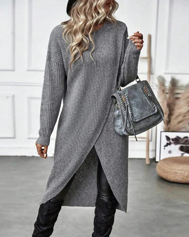 Cozy Sweater Dress for Women with Crew Neck Long Sleeve Ribbed Knit Wrap Hem Style