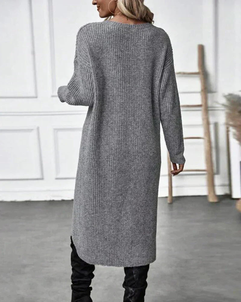 Cozy Sweater Dress for Women with Crew Neck Long Sleeve Ribbed Knit Wrap Hem Style