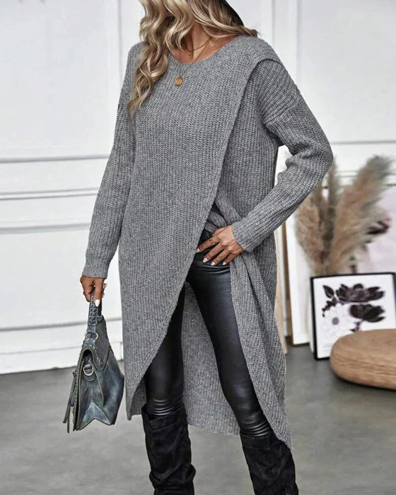 Cozy Sweater Dress for Women with Crew Neck Long Sleeve Ribbed Knit Wrap Hem Style