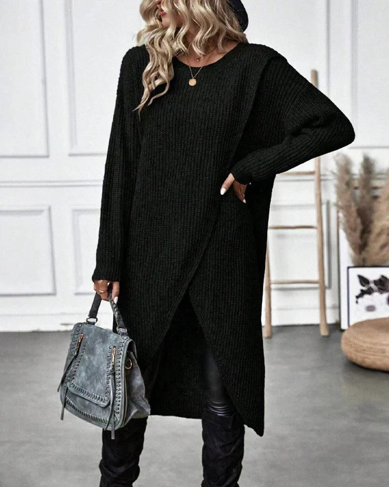 Cozy Sweater Dress for Women with Crew Neck Long Sleeve Ribbed Knit Wrap Hem Style