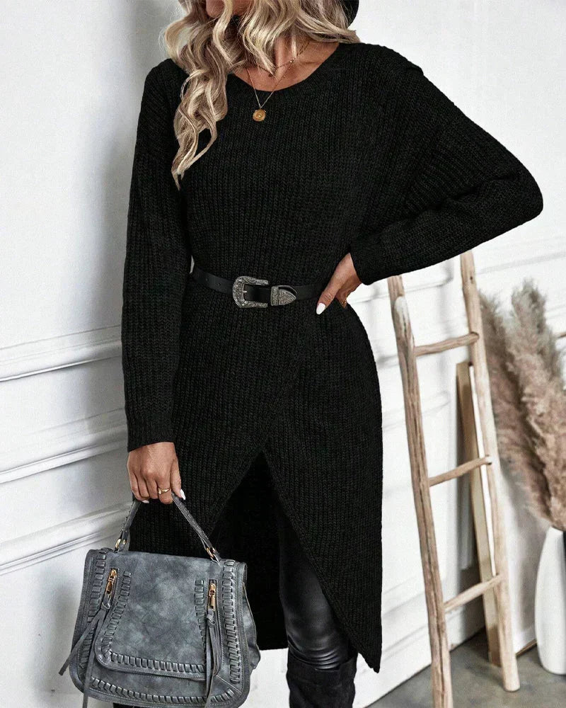 Cozy Sweater Dress for Women with Crew Neck Long Sleeve Ribbed Knit Wrap Hem Style