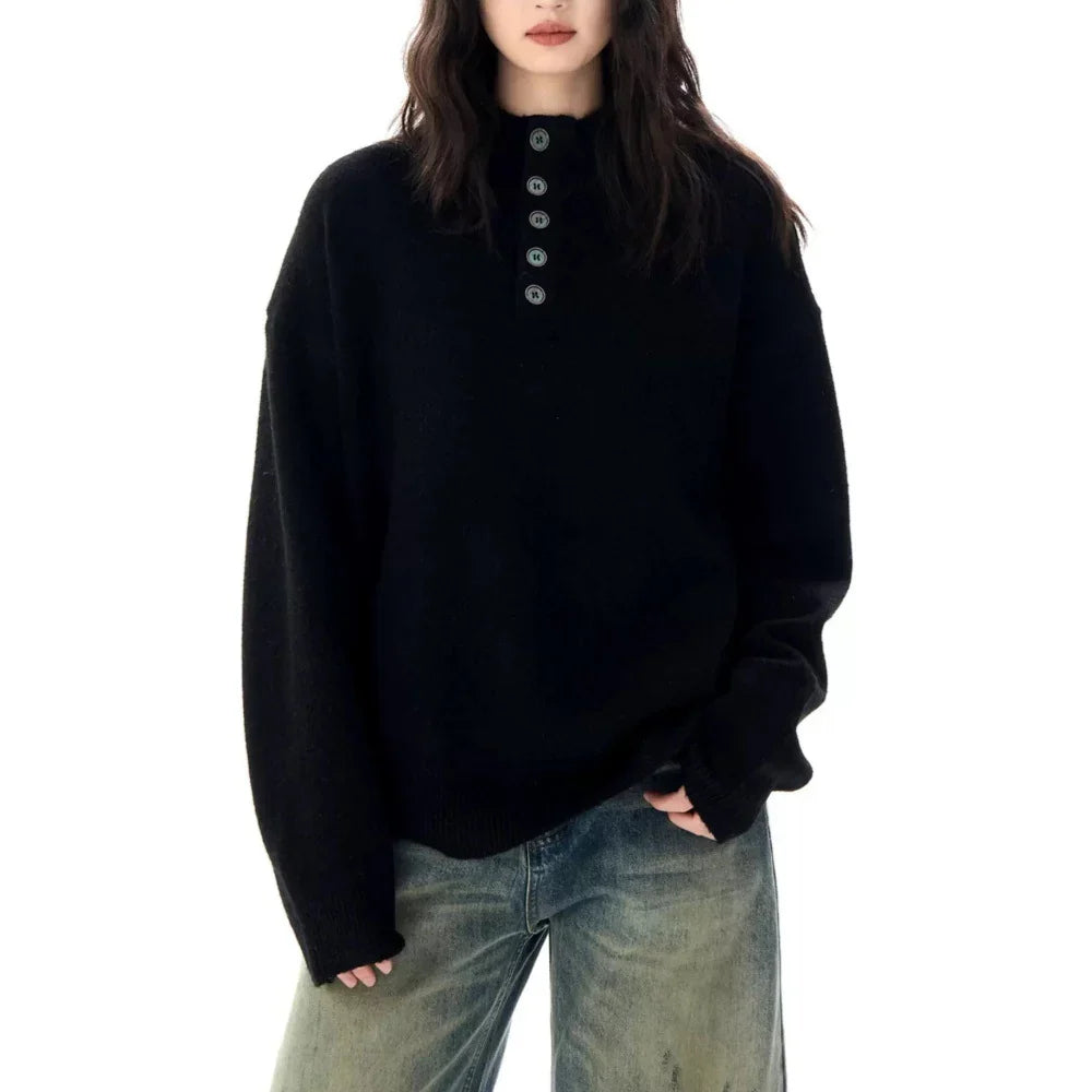 Women's Sweater | Mock Neck Henley Button Front