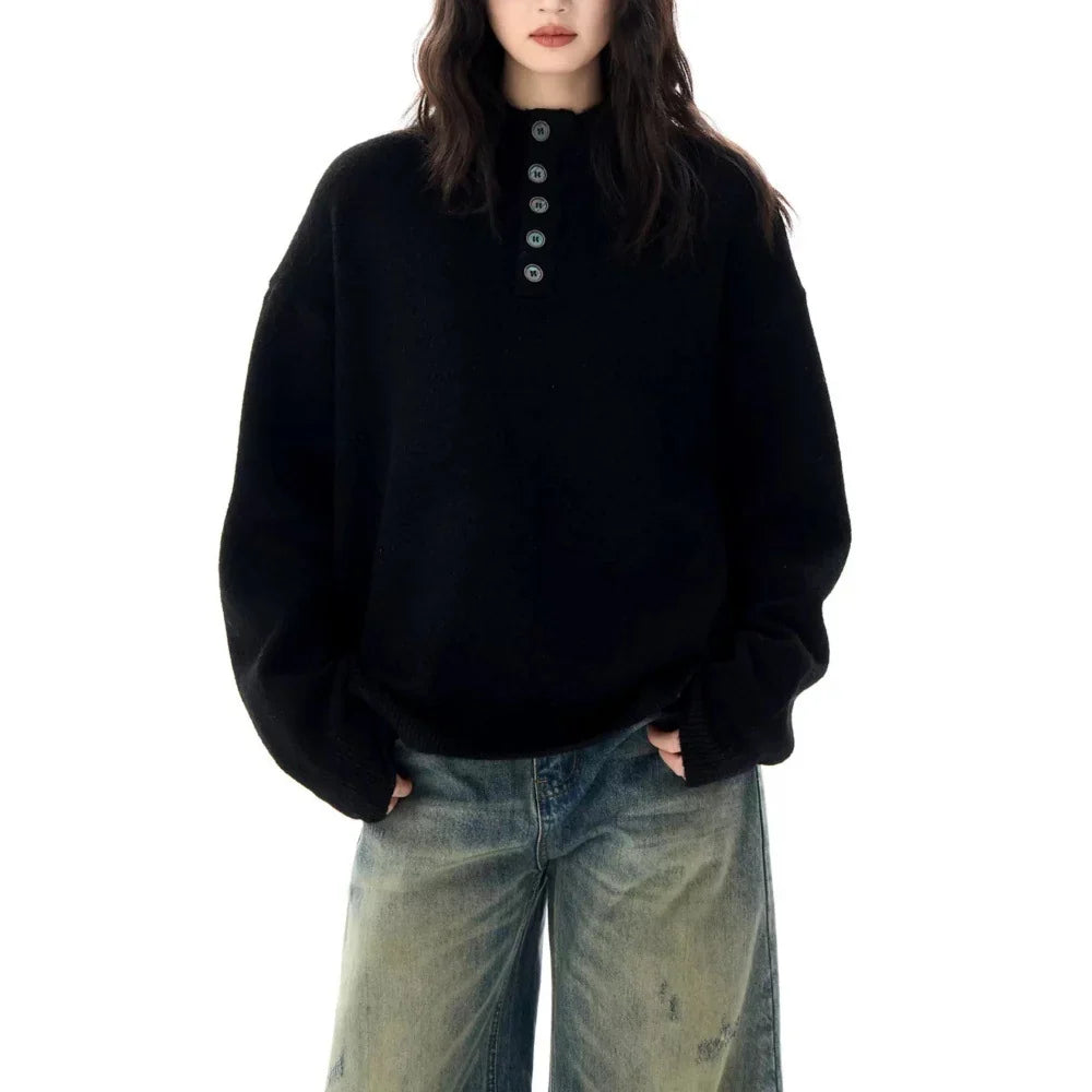 Women's Sweater | Mock Neck Henley Button Front