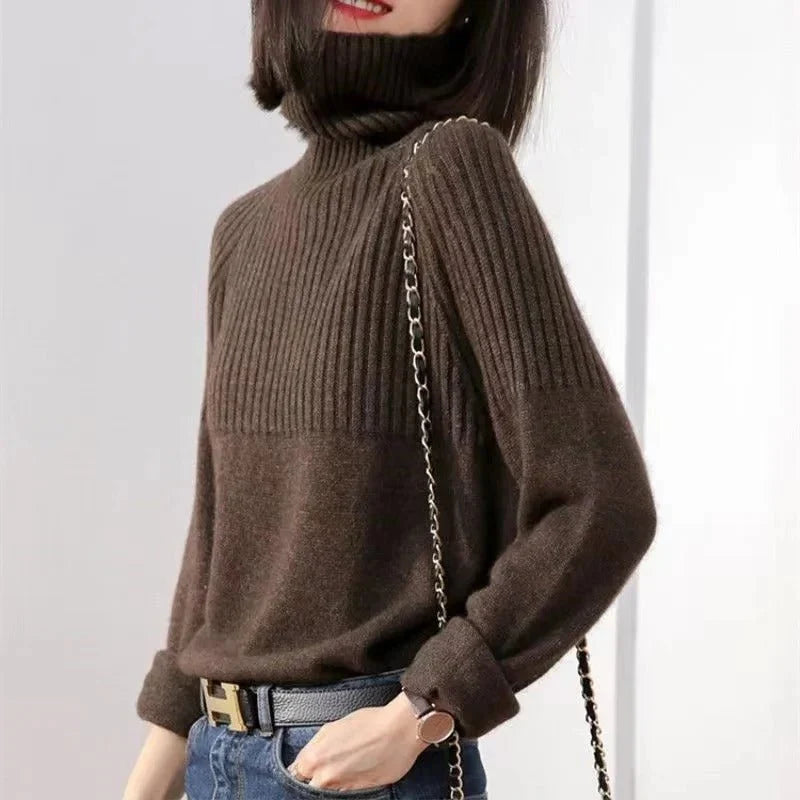 Roll Neck Sweater - Ribbed Knit Long Sleeve Women's Knit Top