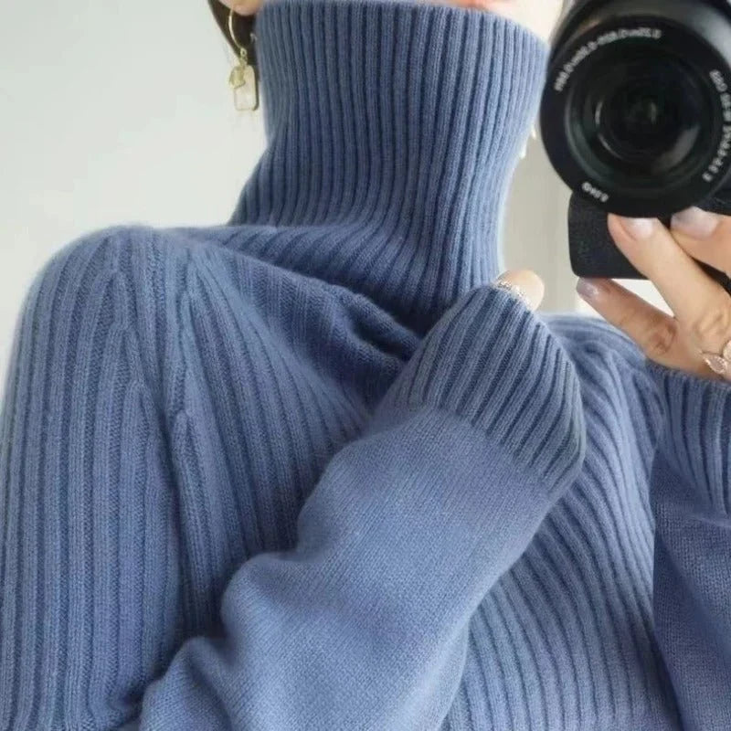 Roll Neck Sweater - Ribbed Knit Long Sleeve Women's Knit Top