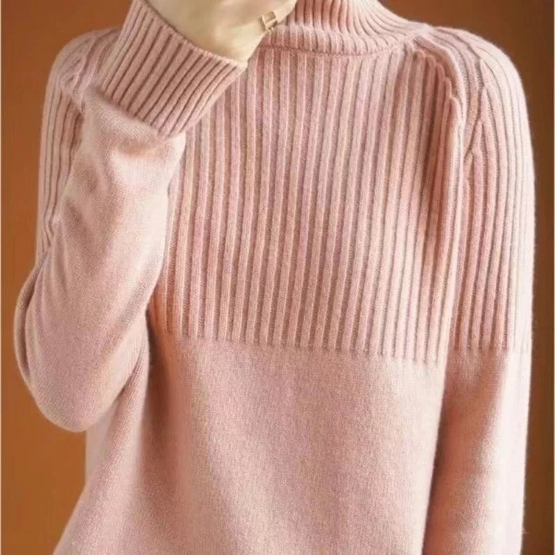 Roll Neck Sweater - Ribbed Knit Long Sleeve Women's Knit Top