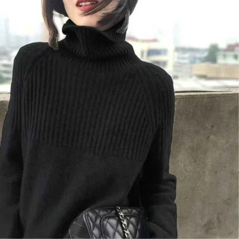 Roll Neck Sweater - Ribbed Knit Long Sleeve Women's Knit Top