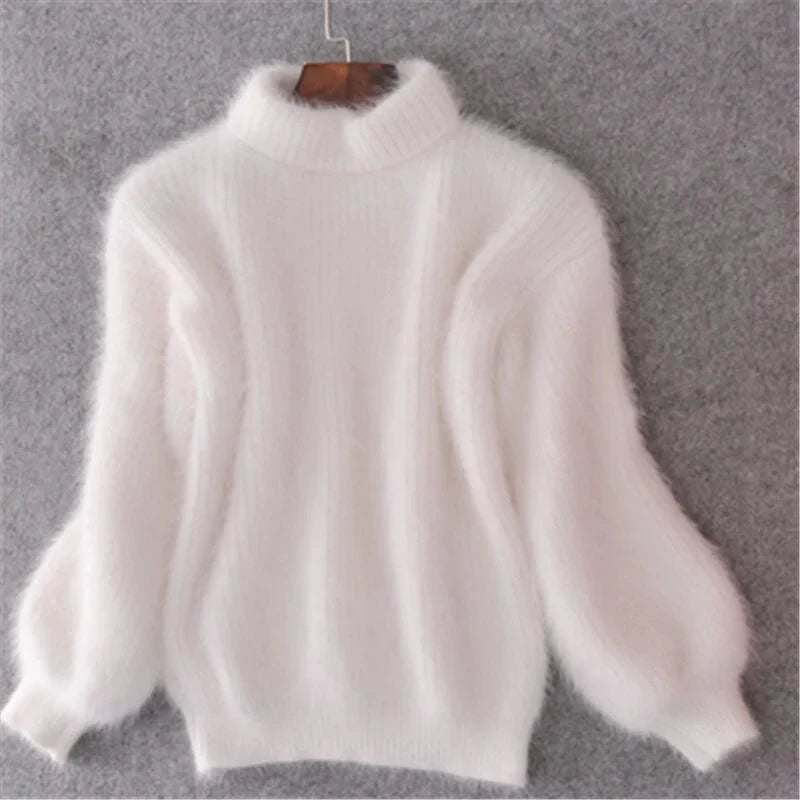 Mock Neck Sweater - Balloon Sleeve Soft Knit Women's Sweater