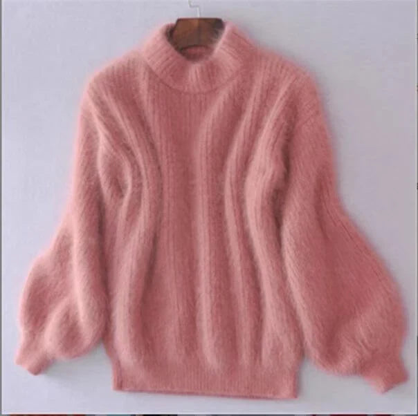 Mock Neck Sweater - Balloon Sleeve Soft Knit Women's Sweater