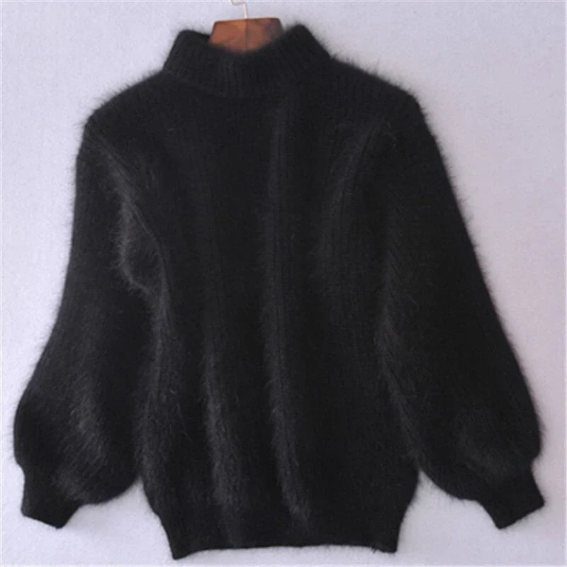 Mock Neck Sweater - Balloon Sleeve Soft Knit Women's Sweater