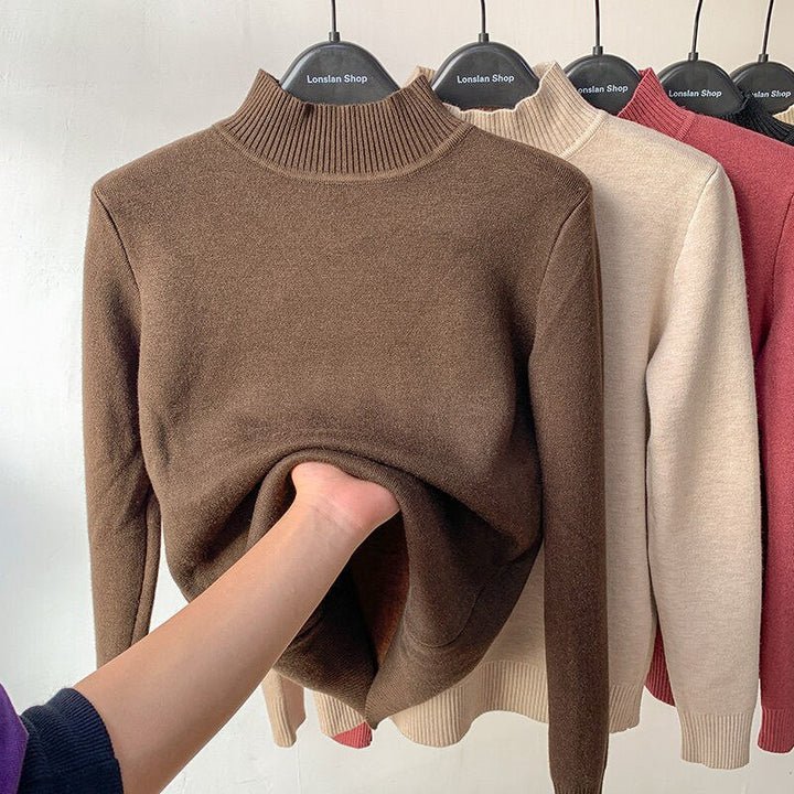 Fleece Lined Turtleneck Sweater - Long Sleeve Women's Knit