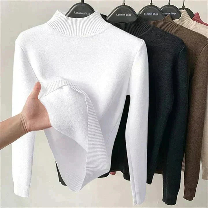 Fleece Lined Turtleneck Sweater - Long Sleeve Women's Knit