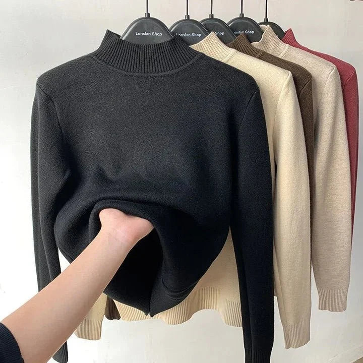 Fleece Lined Turtleneck Sweater - Long Sleeve Women's Knit