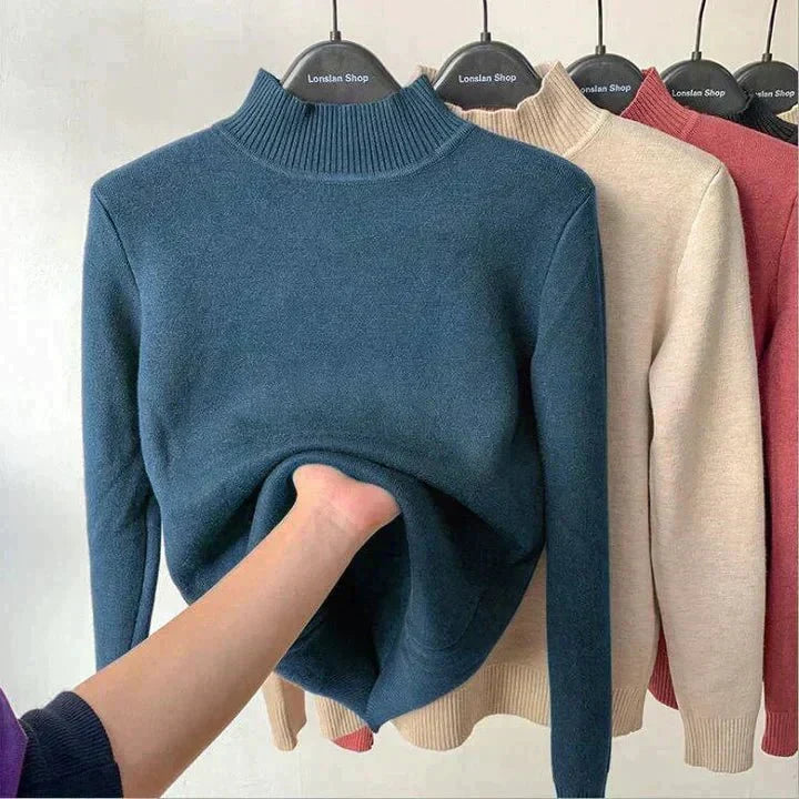 Fleece Lined Turtleneck Sweater - Long Sleeve Women's Knit