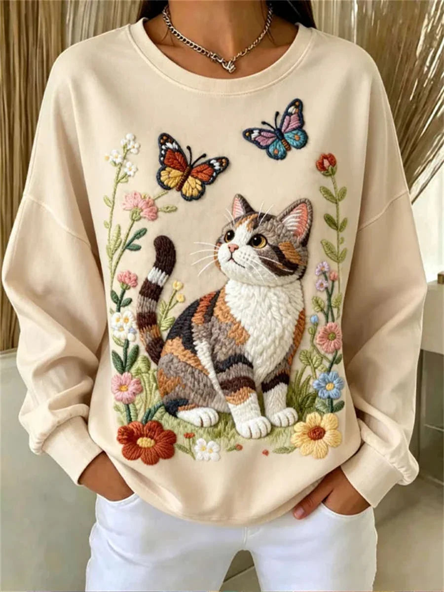 Women's Sweatshirt | Cat Butterfly Floral Print Round Neck Long Sleeve
