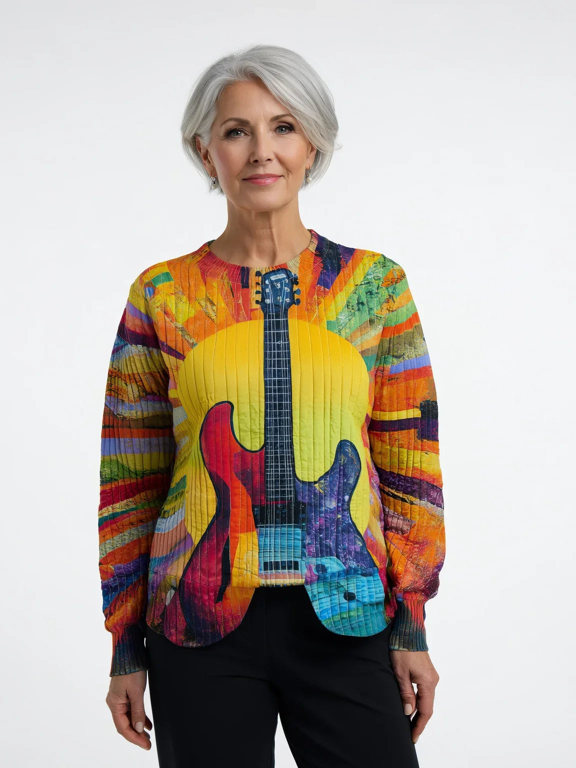 Guitar Print Sweatshirt - Crew Neck Long Sleeve Women's