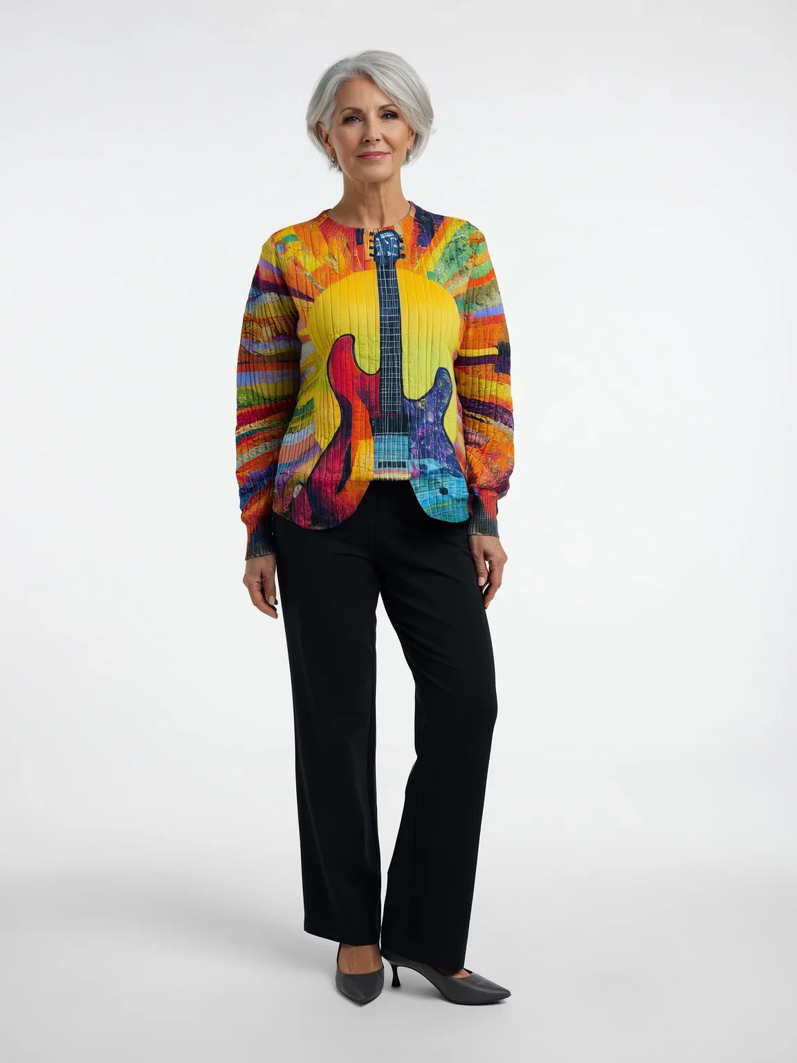 Guitar Print Sweatshirt - Crew Neck Long Sleeve Women's