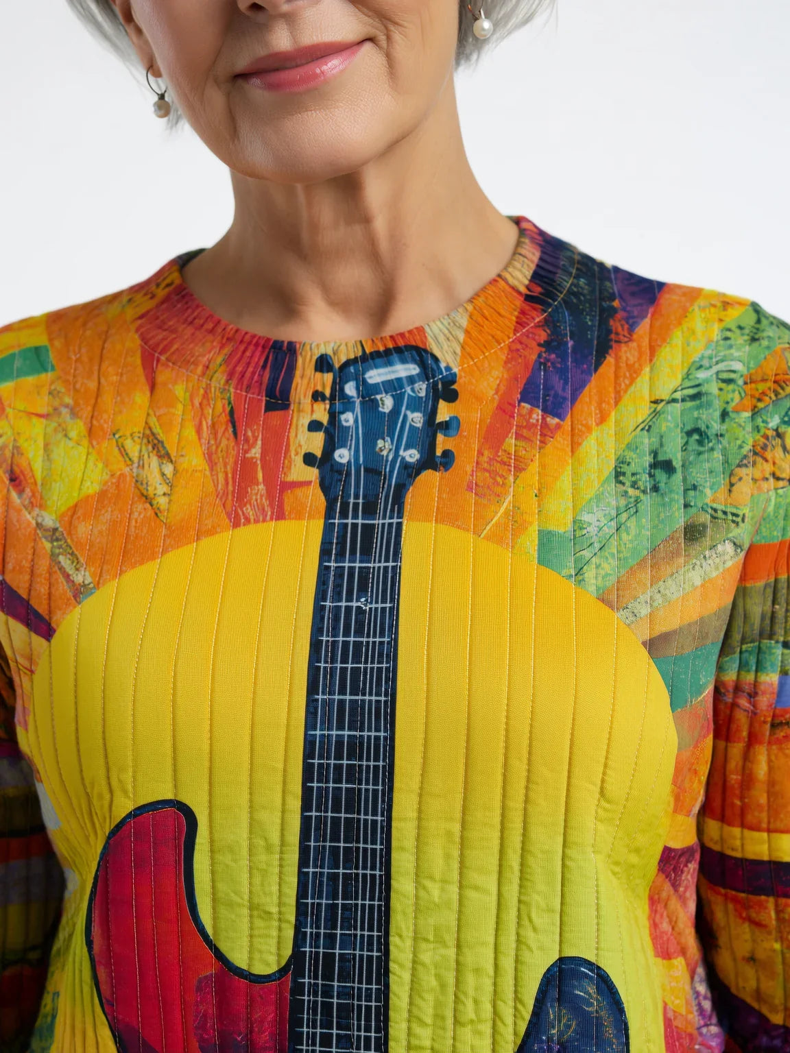 Guitar Print Sweatshirt - Crew Neck Long Sleeve Women's