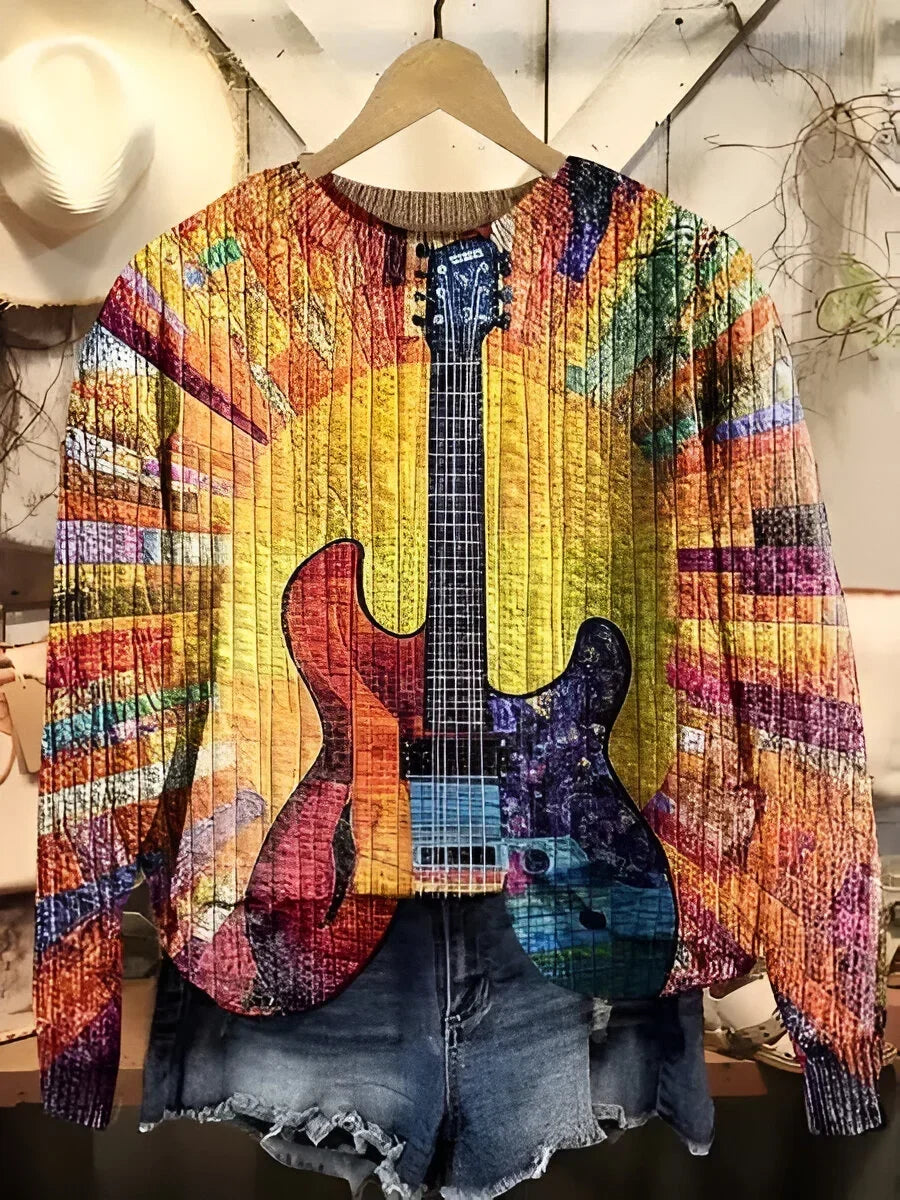 Guitar Print Sweatshirt - Crew Neck Long Sleeve Women's