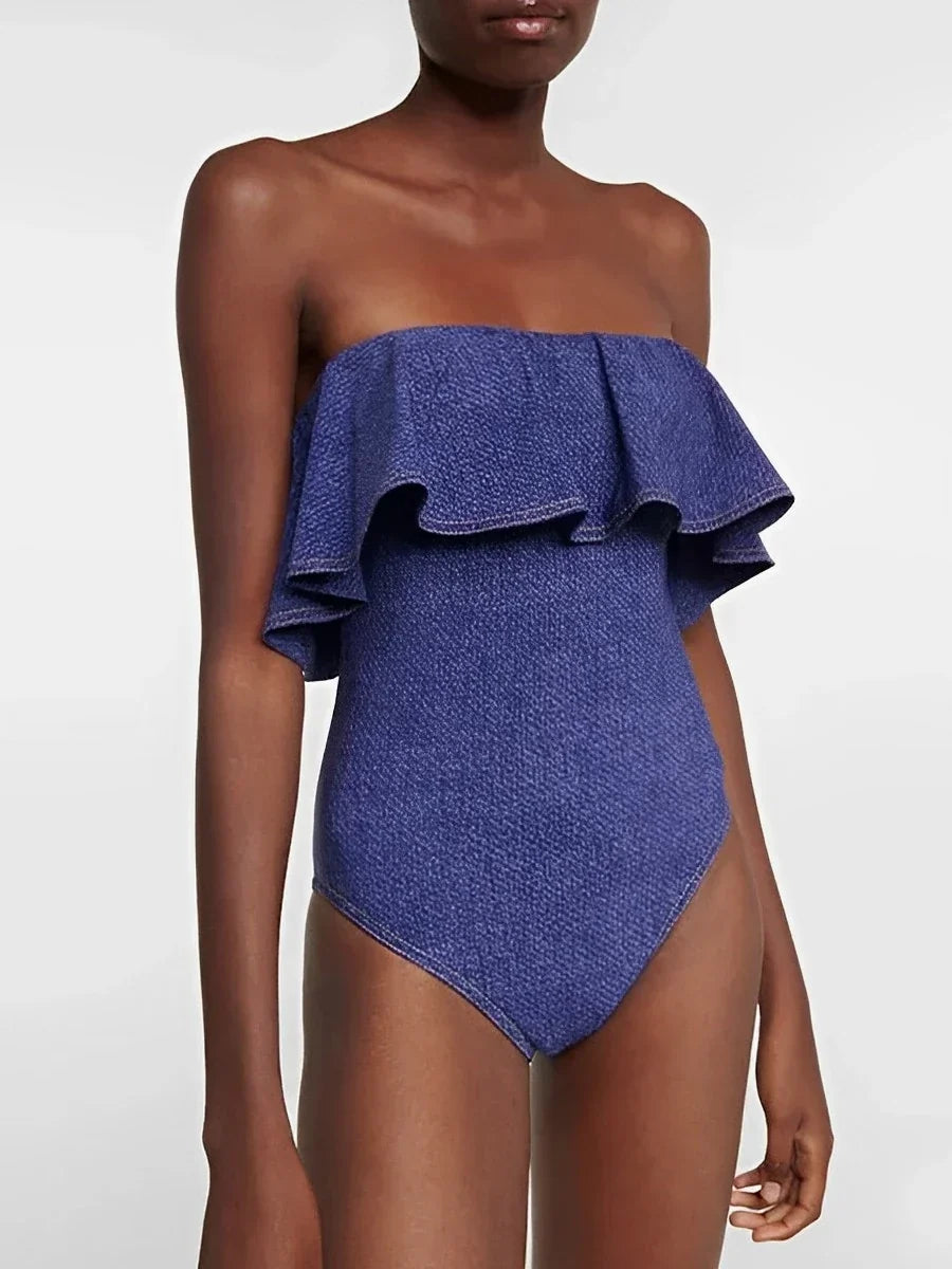 Women's Swimsuit | Strapless Ruffle Denim Cutout