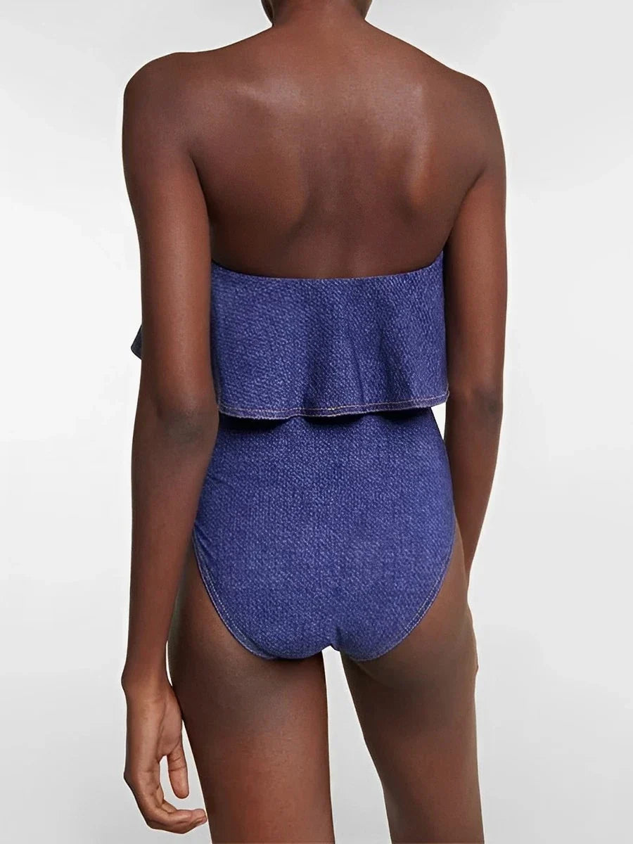 Women's Swimsuit | Strapless Ruffle Denim Cutout