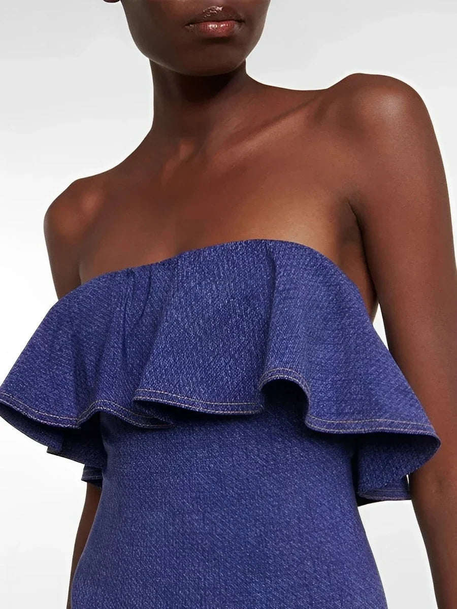 Women's Swimsuit | Strapless Ruffle Denim Cutout