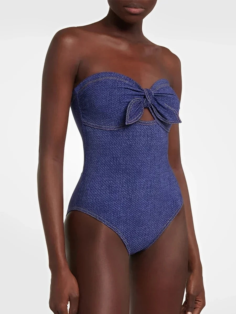 Women's Swimsuit | Strapless Ruffle Denim Cutout